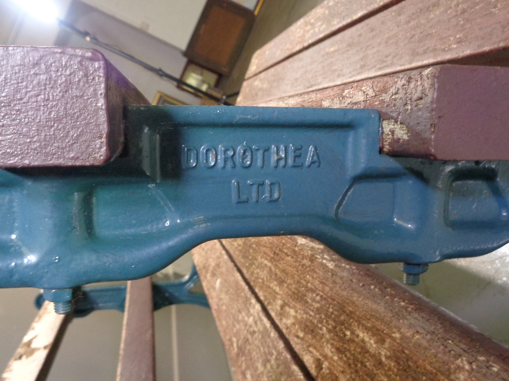 20th CENTURY RAILWAY STYLE BENCHES with cast iron ends, marked 'Dorothea Ltd', a pair, 78cms H, - Image 2 of 2