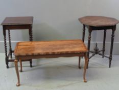 OCCASIONAL TABLES - barley twist, square top, 73cms H, 46cms W, 45cms D, an octagonal tea table,