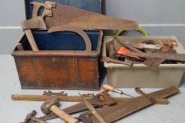 OLD TIN TRUNK with quantity of vintage tools and a plastic tub of similar