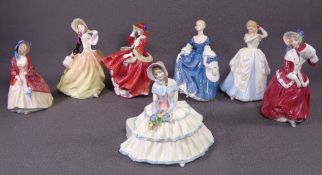 ROYAL DOULTON FIGURINES (7) - 'Autumn Breezes' (20cms H), 'Christmas Morn', 'Top o' the Hill', '