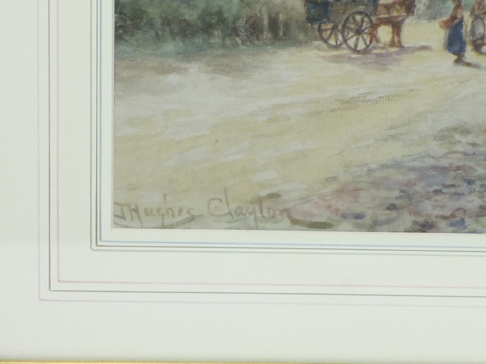 J HUGHES CLAYTON watercolour - hamlet type scene with thatched cottage, horse and cart with people - Image 2 of 2