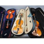 PRE-LOVED MODERN VIOLINS WITH BOWS - in fitted cases (3) to include a Stentor Student 2 3/4 size,