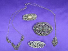 MARCASITE BROOCHES, NECKLACE, A PARCEL