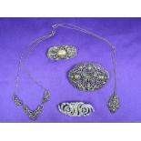 MARCASITE BROOCHES, NECKLACE, A PARCEL