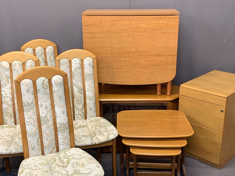 FURNITURE PARCEL - four fabric back chairs, drop-leaf table, an entertainment unit, two drawer