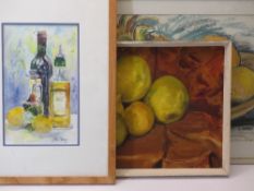 JILL STOREY watercolour - titled 'Bottles & Lemons', 31 x 19cms, oil on board - still life, fruit,