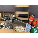 WOODEN STEPLADDER, CHROME PEG BOARD HOOKS & HANGERS, fire extinguishers, extension leads and other