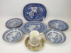 COMMEMORATIVE TANKARD, WILLOW PATTERN & OTHER BLUE & WHITE TABLEWARE and a Wedgwood decorative