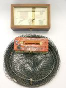 FISHING INTEREST - string keep net, empty milk chocolate fishing tackle tin and a lidded box with