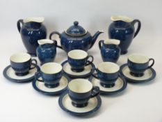 DENBY STONEWARE TEASET, 17 PIECES - teapot and cover, two large and two small jugs, six cups, six