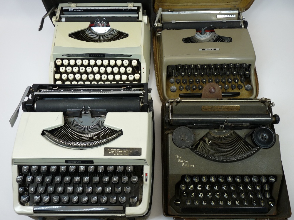 VINTAGE CASED PORTABLE TYPEWRITERS (4) - including 'The Baby Empire', 'Brother 210', 'Smith/Corona
