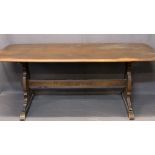 ERCOL OAK REFECTORY STYLE DINING TABLE - on pegged supports, 72cms H, 180cms L, 79.5cms W