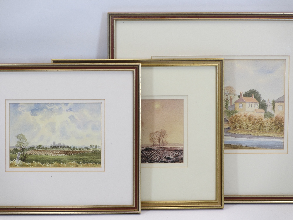 DEREK BUCKINGHAM watercolours, a pair - 'Ely Cathedral' and 'A Ploughed Field', both 12 x 17cms