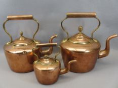 VICTORIAN COPPER KETTLES (3) - the two larger examples with acorn lid finials