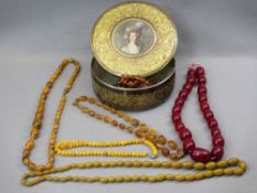 CHERRY, BUTTERSCOTCH, AMBER TYPE BEAD NECKLACES (7) - in a vintage Huntley & Palmer's biscuit tin