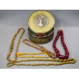 CHERRY, BUTTERSCOTCH, AMBER TYPE BEAD NECKLACES (7) - in a vintage Huntley & Palmer's biscuit tin