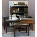 MODERN BOX SEAT & OTHER PIANO STOOLS (6) and an ultra-modern large sized wall mirror, 129.5cms H,