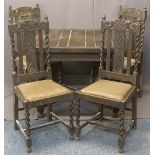 OAK BARLEY TWIST DRAW LEAF DINING TABLE & FOUR CHAIRS - with carved crest rails and back splats,