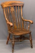 19TH CENTURY FARMHOUSE ARMCHAIR - with shaped and pierced splatback and swept arms on turned
