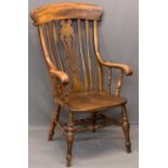 19TH CENTURY FARMHOUSE ARMCHAIR - with shaped and pierced splatback and swept arms on turned