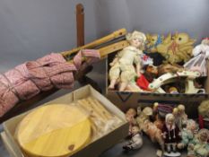 PORCELAIN HEAD & OTHER COLLECTOR'S DOLLS, weaver's wooden loom and two boxed pine stools for self-