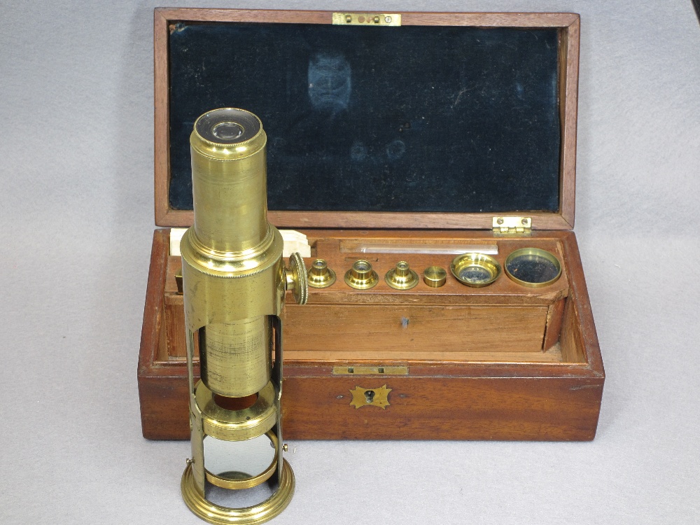 BRASS FIELD MICROSCOPE IN MAHOGANY CASE - fitted interior with additional lenses, bone slides, - Image 3 of 3