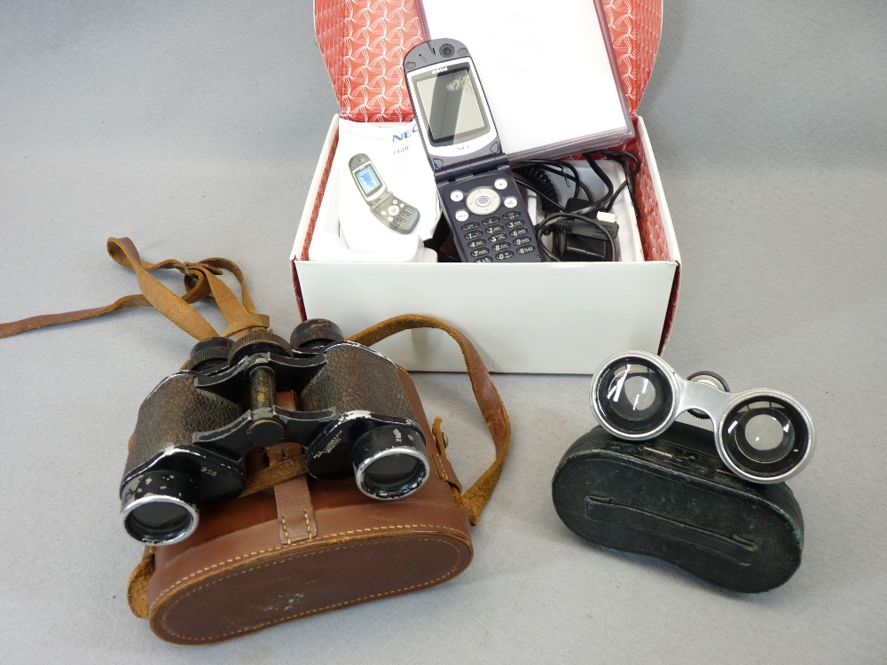 BOXED NEC MOBILE PHONE with instruction booklet, vintage binoculars and a pair of aluminium opera