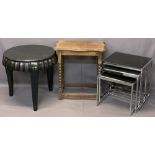 VINTAGE & ULTRA MODERN OCCASIONAL TABLES to include a set of three chrome and black glass, 50cms