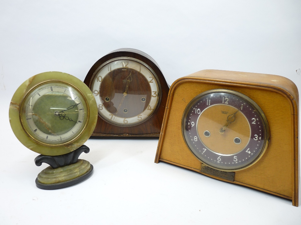 ART DECO & OTHER MANTEL CLOCKS (3) - Smiths wooden cased examples (2) and an Onyx and Bakelite