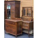 VINTAGE OAK HARLEQUIN BEDROOM SUITE, 3 PIECES - a single mirrored door wardrobe with lower drawer on