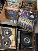 HMV RECORD PLAYER, ROBUK REEL TO REEL RECORDER and three mixed boxes of LP and gramophone records