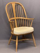LIGHT ERCOL WINDSOR STYLE ARMCHAIR - with hoop back, crinoline type stretcher and removable