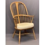 LIGHT ERCOL WINDSOR STYLE ARMCHAIR - with hoop back, crinoline type stretcher and removable
