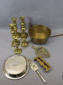 VICTORIAN & LATER METALWARE - a quantity of brass candlesticks, iron handled jam pan, set of