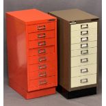 BISLEY METAL EIGHT DRAWER DOCUMENT CABINETS (2) - one red, one cream and brown, 67.5cm heights, 28cm