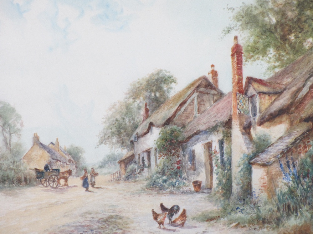 J HUGHES CLAYTON watercolour - hamlet type scene with thatched cottage, horse and cart with people