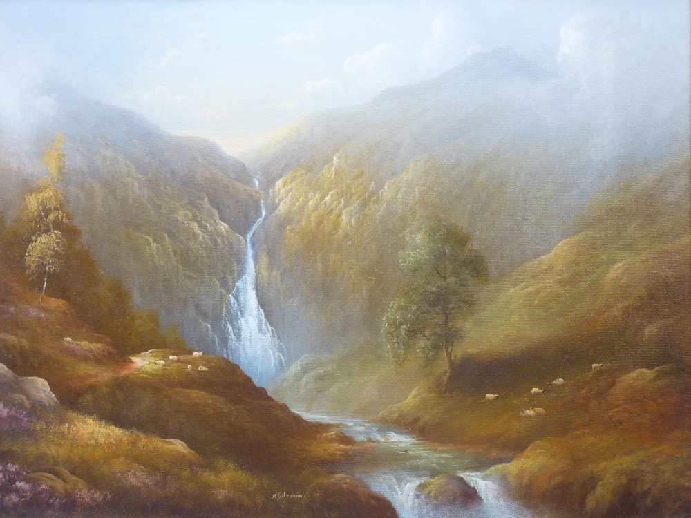 RAYMOND GILRONAN oils on canvas (3) typical mountainous scenes in Wales with scattered sheep, one