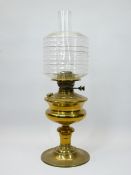 VICTORIAN BRASS OIL LAMP - with clear glass ribbed shade, the wick turners marked 'British Made',