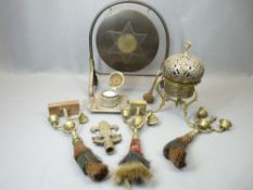 SHIRE HORSE TRIPLE BELL SWINGERS WITH PLUMES, vintage dinner gong, brass and other Persian style