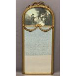 VINTAGE PIER TYPE MIRROR - the curved top with inset classical scene print, applied crest ribbon and