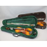 *MUSIC SHOP STOCK - Modern violins with bows in fitted cases (2) including an Antoni 3/4 size and