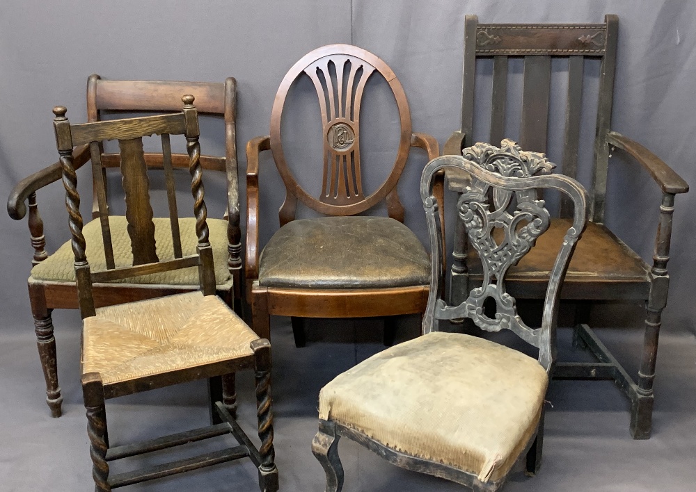 FIVE VINTAGE ELBOW & OCCASIONAL CHAIRS - mahogany, oak and ebonised to include an oval back armchair