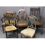 FIVE VINTAGE ELBOW & OCCASIONAL CHAIRS - mahogany, oak and ebonised to include an oval back armchair