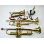 VINTAGE WIND MUSICAL INSTRUMENTS - two brass and nickel trumpets, 51.5 and 55cm lengths, bugle 30cms