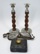 ANTIQUE SLATE DOORSTOP, vintage driving goggles and a pair of oak and chrome twist candlesticks