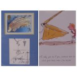 RALPH STEADMAN cartoon sketch and signature on Post Office picture card and one other, both