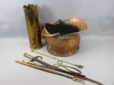 VINTAGE BAYONET, WW1 BRASS SHELL CASING, toasting forks, fire irons and a copper helmet shaped