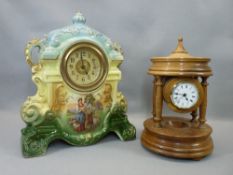 TURNED WALNUT DRUM CASED QUARTZ MANTEL CLOCK and a Victorian cheapware pottery mantel clock, 29