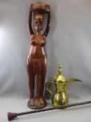 EASTERN/AFRICAN/AMAZON COLLECTABLES, 3 ITEMS - a tall brass tea/coffee pot, 36.5cms H, carved