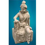 GARDEN STONEWARE - reconstituted statuary depicting an Indian deity seated upon a rectangular block,